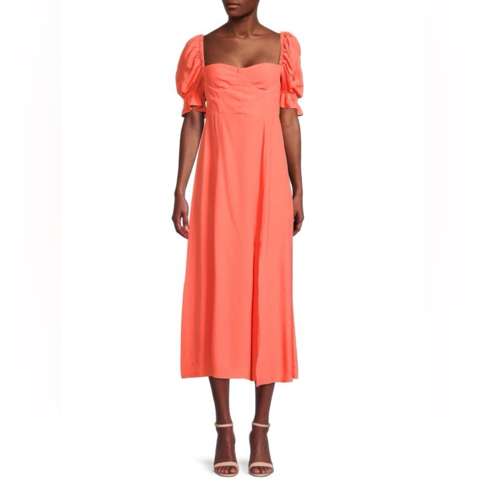 WEWOREWHAT Puff Sleeve Coral Georgette Midi Dress